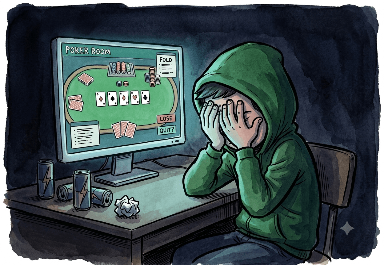 Kasvojaan pitelevä poika nettipokerin ääressä havainnollistaa peliriippuvuutta, jonka taustalla oleviin syihin on mahdollista saada tehokasta apua