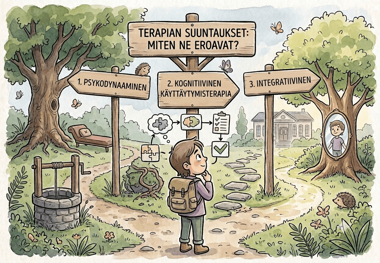 Poika seisoo tienristeyksessä tutkien opastekylttejä, jotka osoittavat eri terapiasuuntauksiin, kuten kognitiiviseen käyttäytymisterapiaan ja psykodynaamiseen terapiaan